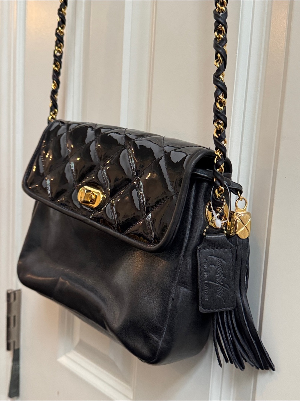 Black Quilted Patent Leather Crossbody Shoulder Bag